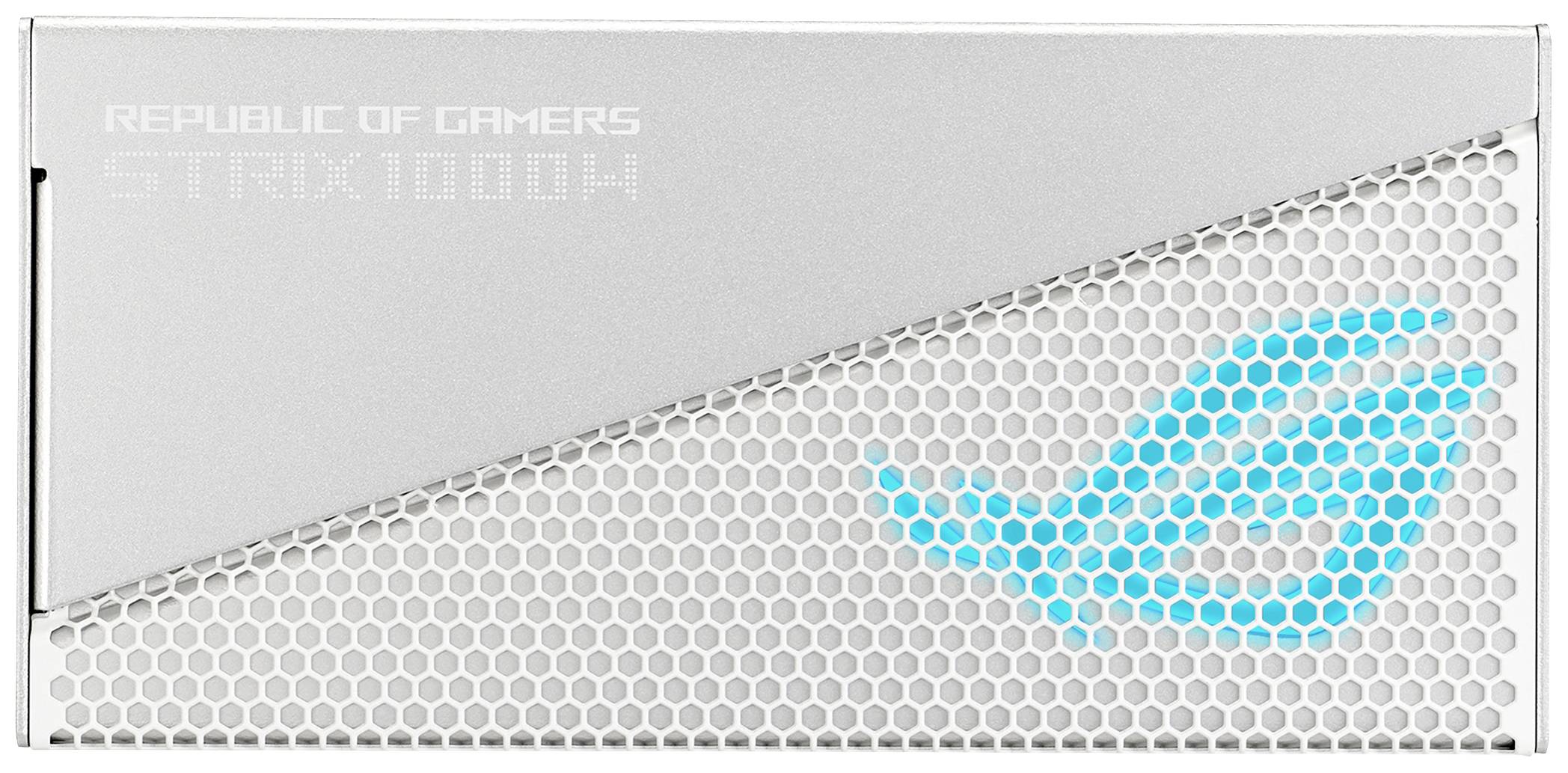 Biała komponenta komputerowa z wzorem plastra miodu i niebieskim logo. Nadrukowany tekst: 'Republic of Gamers STRIX 1000W'.