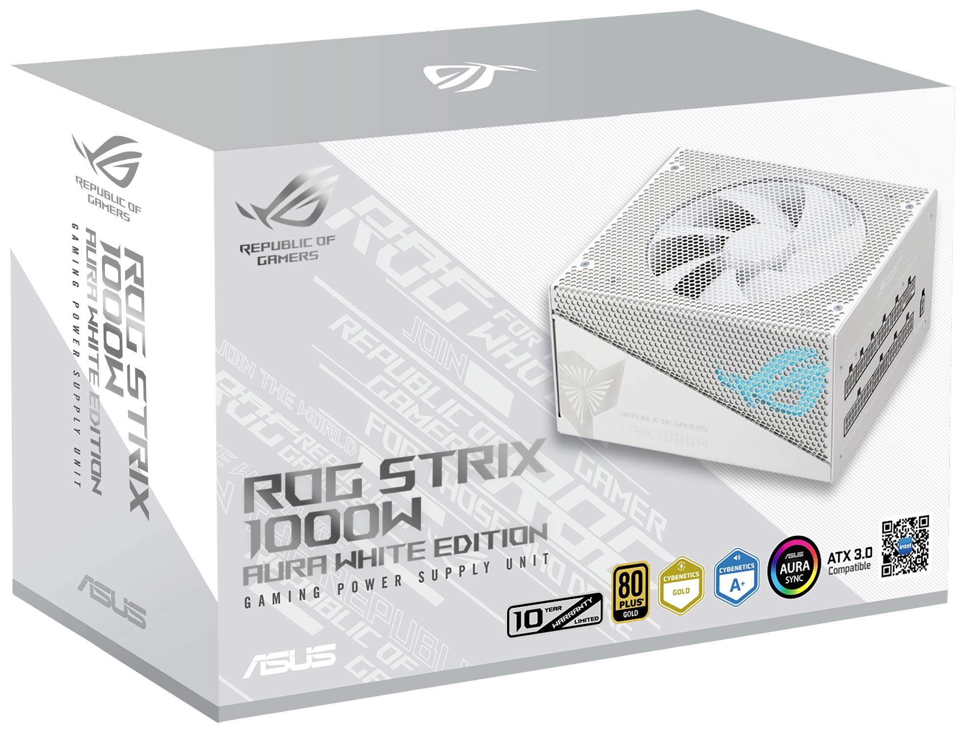 Na ilustracji znajduje się opakowanie białego zasilacza ASUS ROG Strix 1000W z certyfikatem 80 Plus Gold oraz wsparciem dla standardu ATX 3.0.