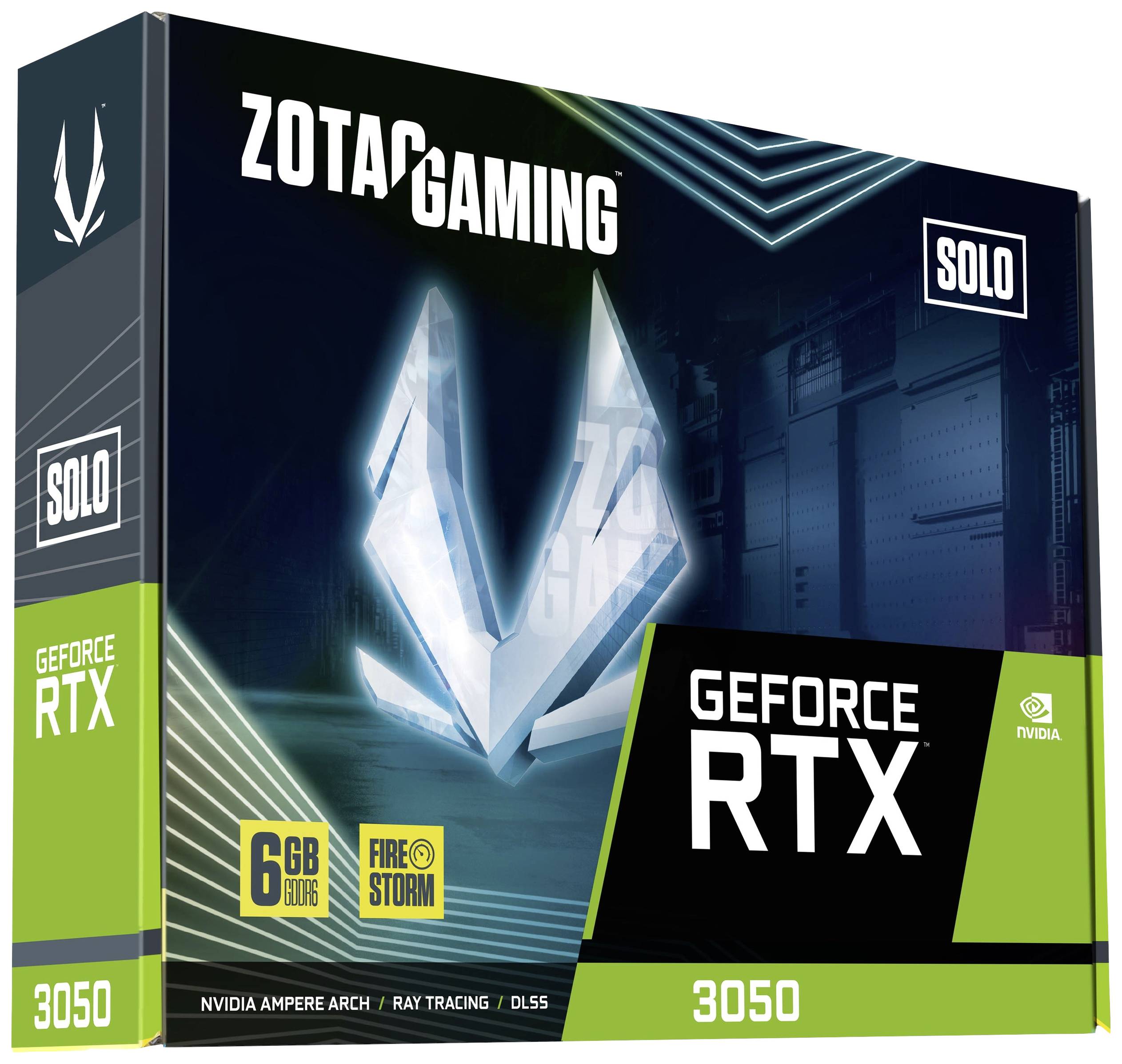 Opakowanie karty graficznej ZOTAC GAMING GeForce RTX 3050, 6GB GDDR6, z wyróżnionymi cechami: architektura NVIDIA Ampere, Ray Tracing, DLSS.