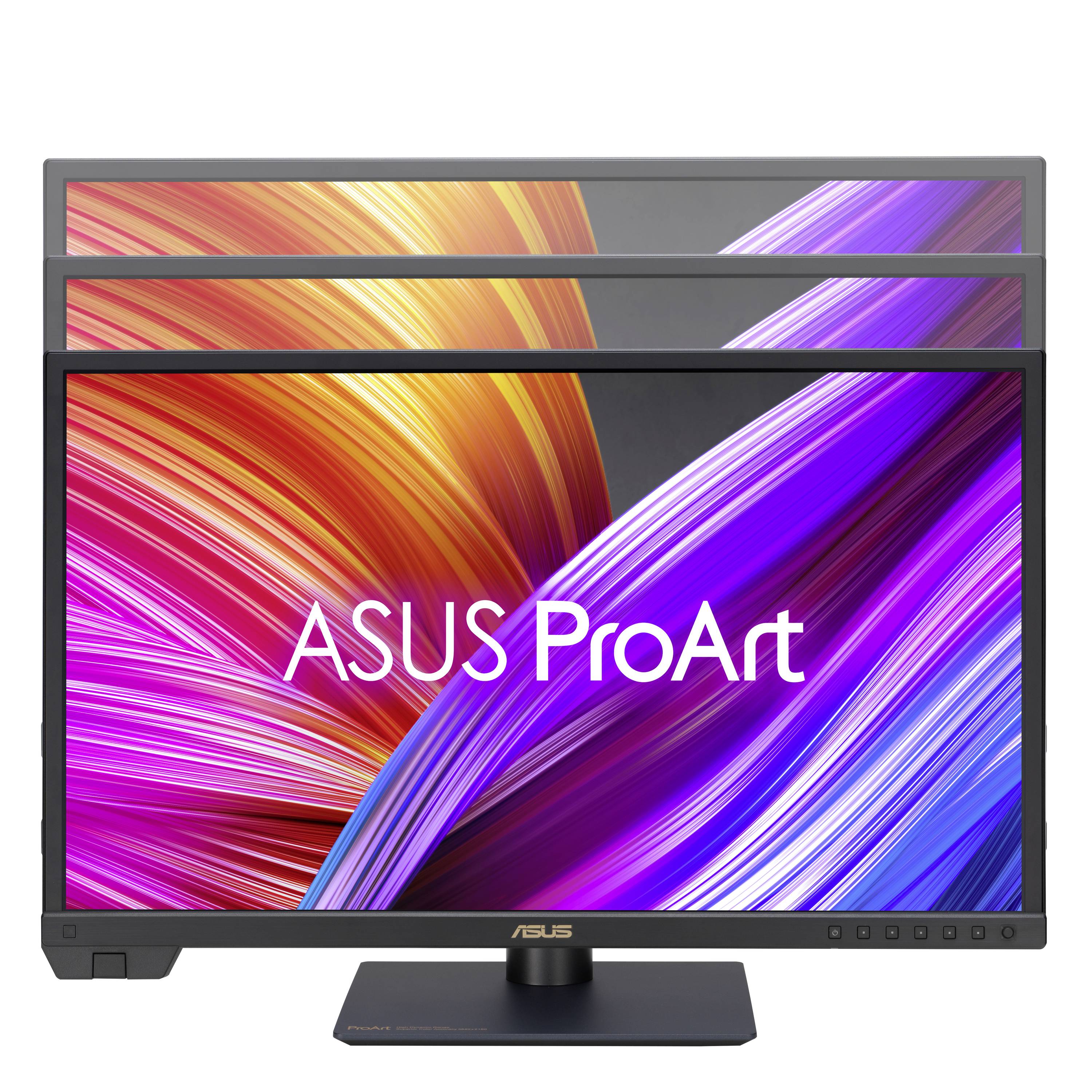 Monitor ASUS ProArt z żywymi, kolorowymi falami na ekranie.