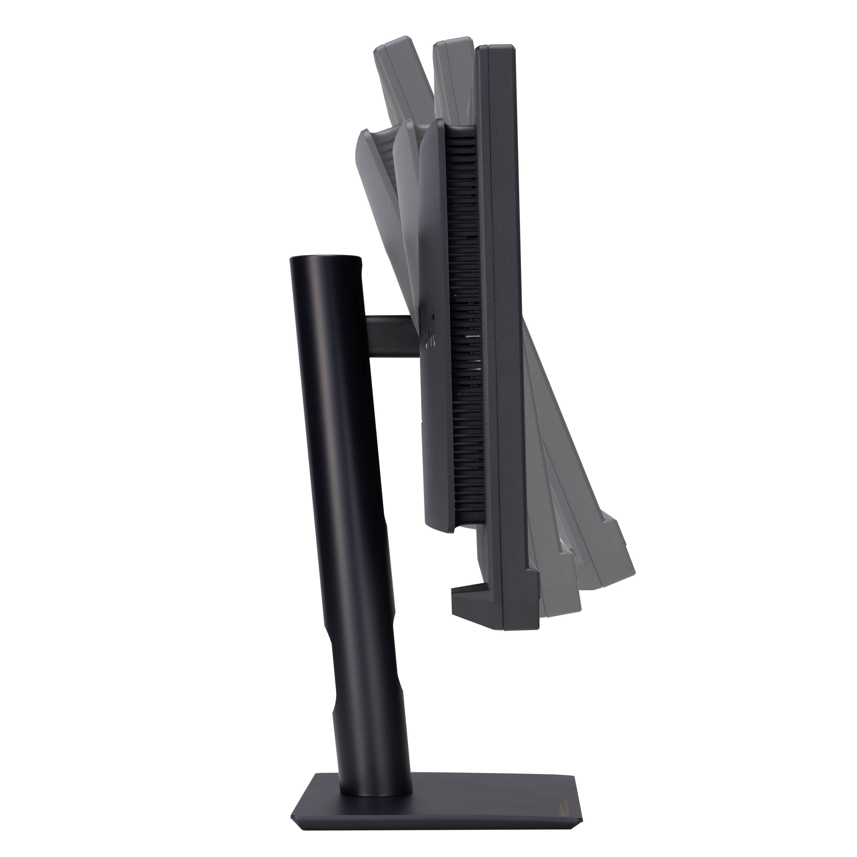 Monitor komputerowy jest przedstawiony z boku, pokazujący różne kąty nachylenia, aby zobrazować jego elastyczność.