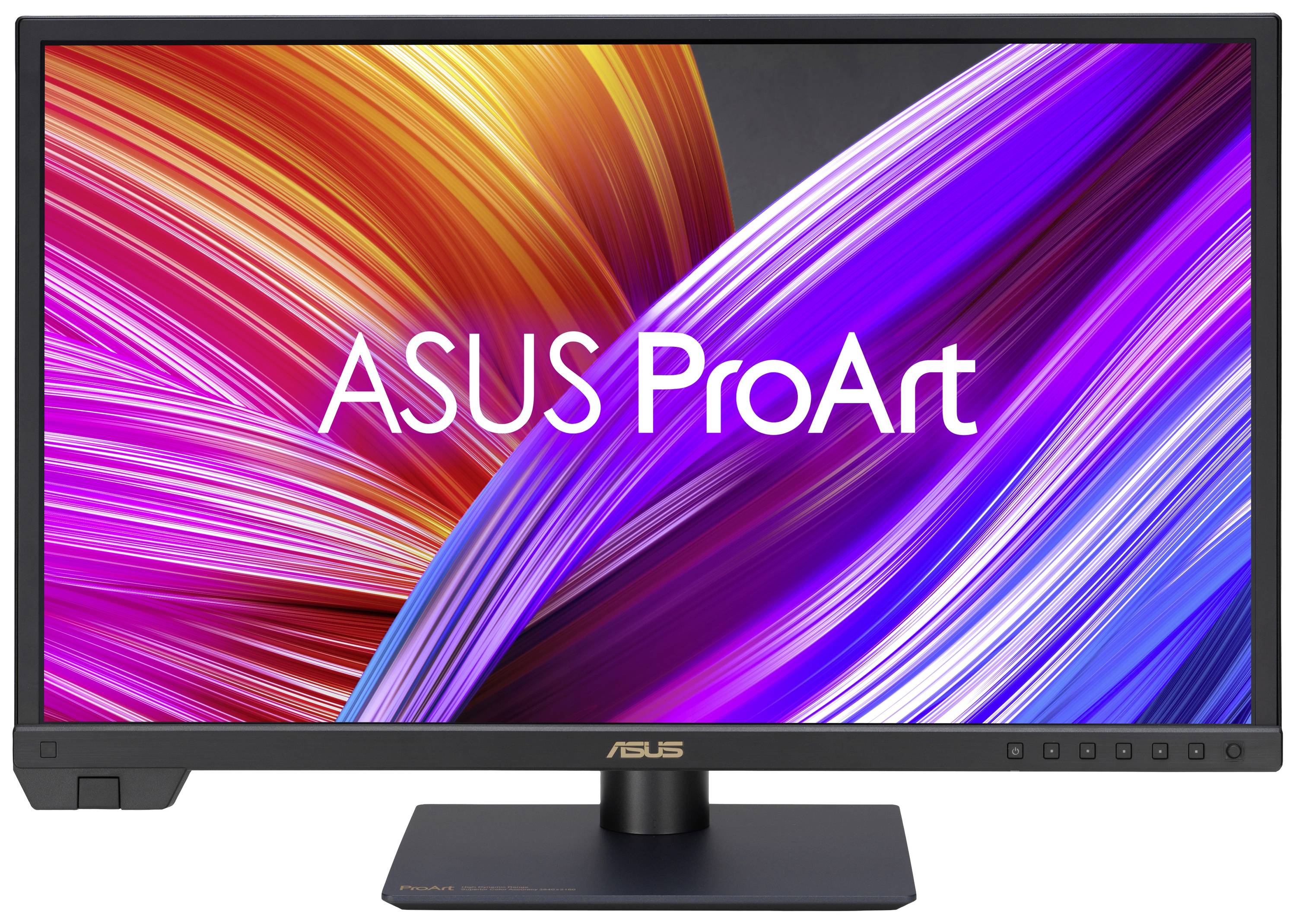 Monitor ASUS ProArt z kolorowym tłem składającym się z zakrzywionych, żywych linii w odcieniach fioletu, pomarańczu i błękitu.
