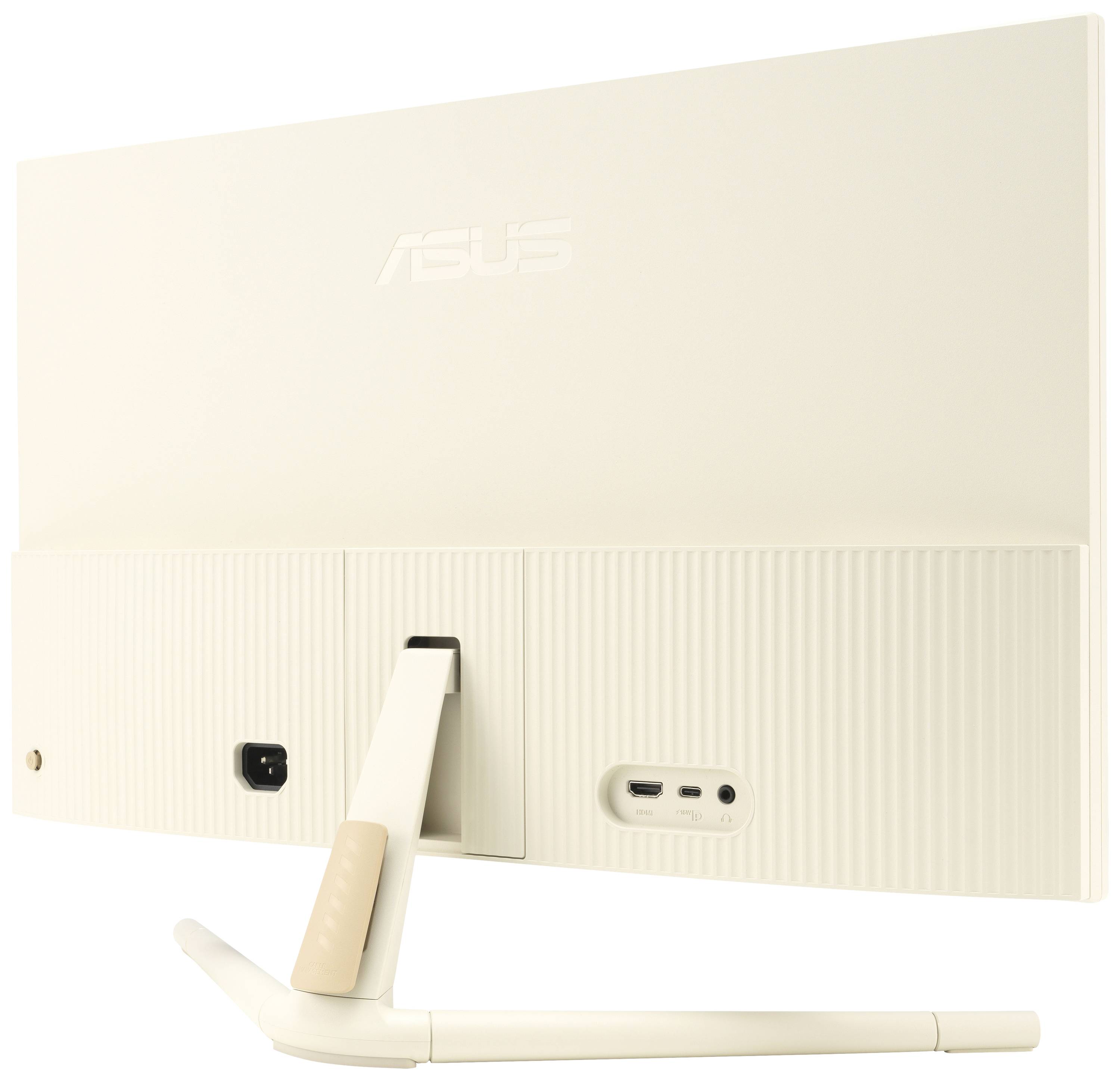 Tylna strona białego ekranu komputerowego z logo marki, portami USB i HDMI oraz smukłą, pochyloną podstawą.