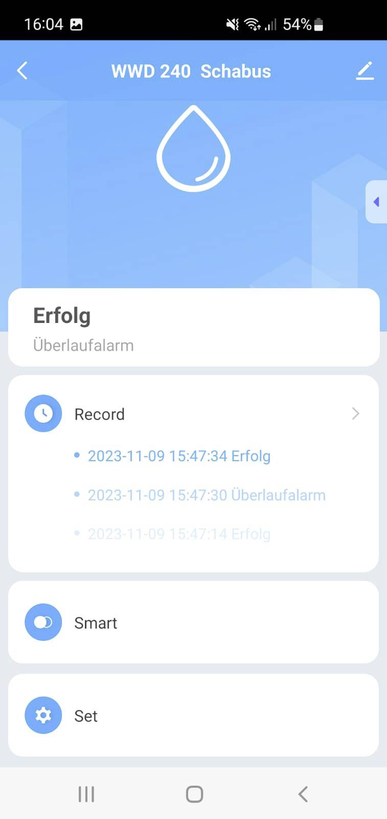 Ekran systemu monitoringu wody z tytułem 'WWD 240 Schabus'. Wyświetla historię rejestracji, ostatni wpis: 'Sukces 2023-11-09 15:47:34'.