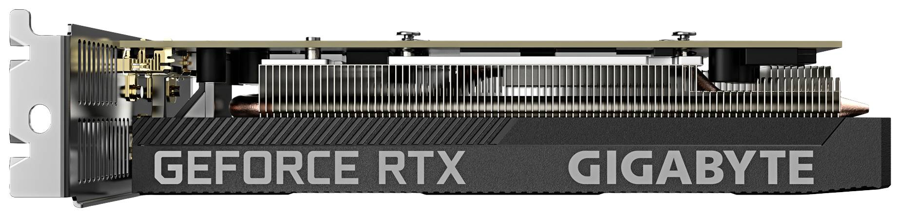 Karta graficzna marki Gigabyte z serii GeForce RTX, widok z boku, przedstawiająca chłodzenie i złącza.