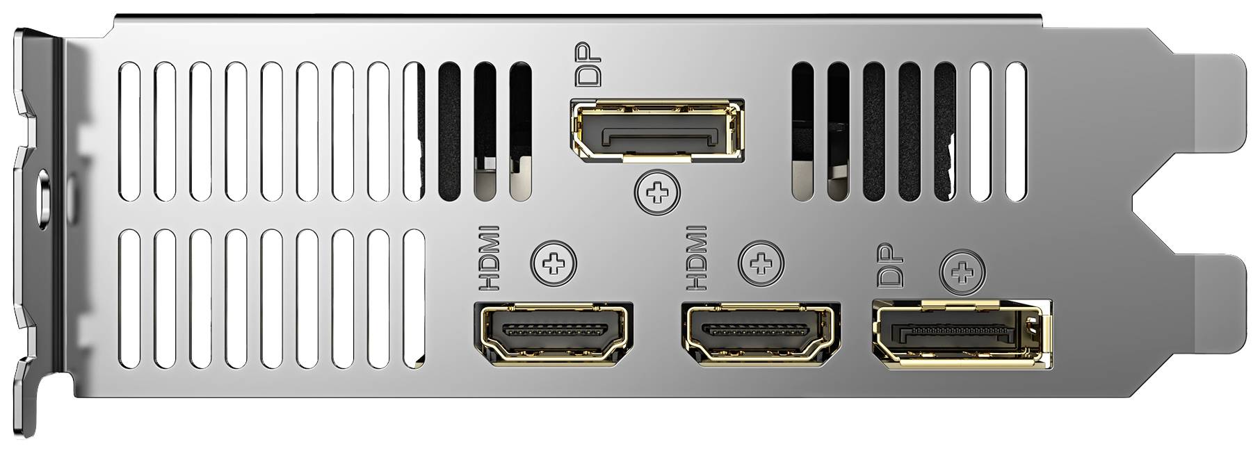 Tylna strona karty graficznej z dwoma złączami DisplayPort i dwoma złączami HDMI, odpowiednia do podłączenia monitorów lub telewizorów.