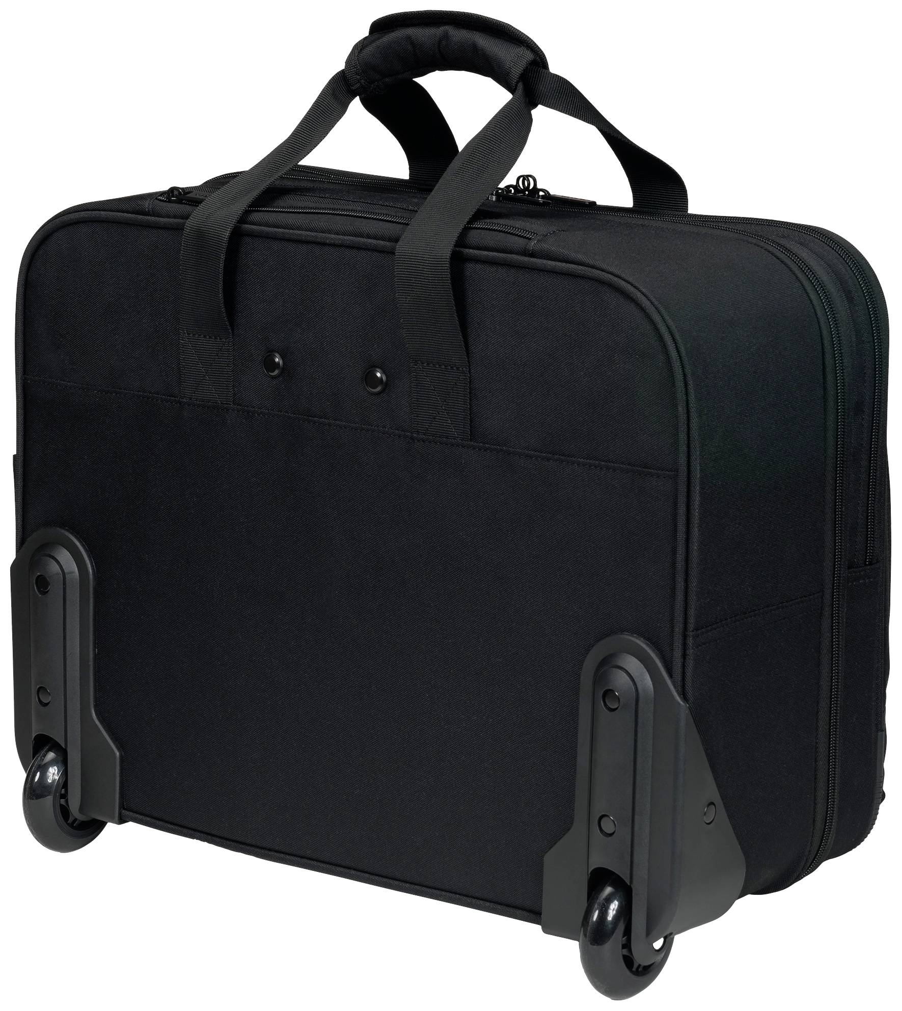 Czarny walizka na kółkach z dwoma kołami i uchwytami na górnej części.