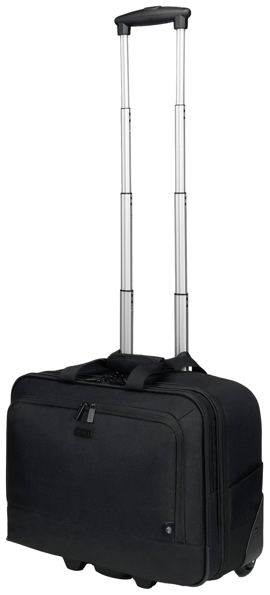 Czarny walizka na kółkach z wysuwaną rączką. Idealna do podróży, zapewnia przestrzeń na odzież i rzeczy osobiste.