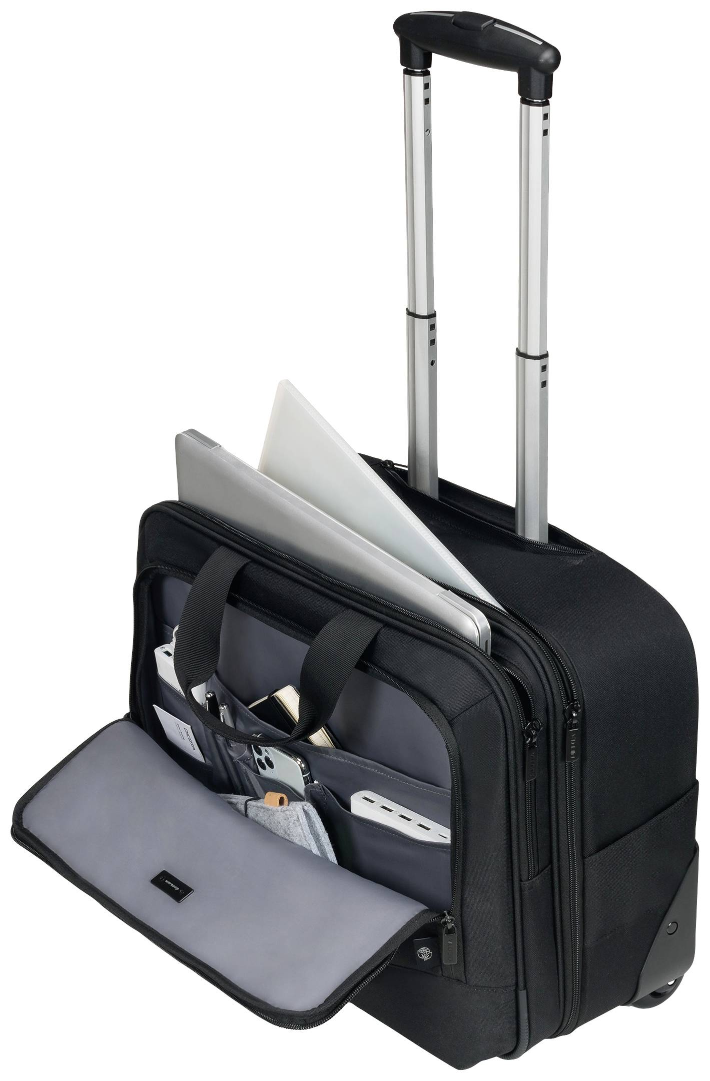 Czarny wózek z wysuniętą rączką, otwarte przegródki ujawniają laptopa, dokumenty oraz torebki na długopisy i akcesoria.