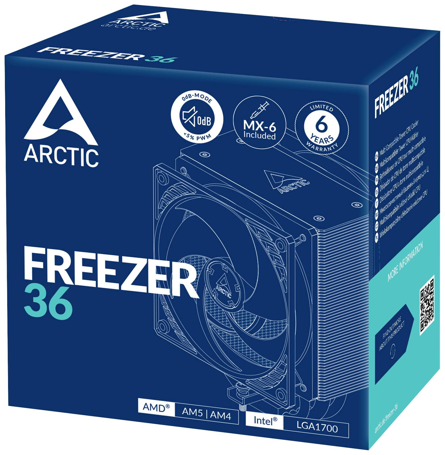 Opakowanie chłodnicy CPU ARCTIC Freezer 36, podkreśla kompatybilność z procesorami AMD i Intel, tryb 0 dB, pastę termoprzewodzącą MX-6, oraz 6-letnią gwarancję.