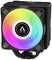 Wentylator komputerowy firmy Arctic z podświetleniem RGB, świecący w różnych kolorach. Wentylator jest kwadratowy i czarny.
