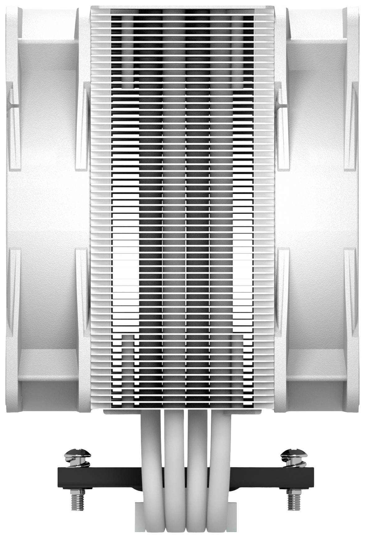 Radiator komputerowy z dwoma dużymi wentylatorami w kolorach białym i niebieskim oraz centralnym radiatorem. Widok z góry przedstawia układ rurek odprowadzających ciepło.