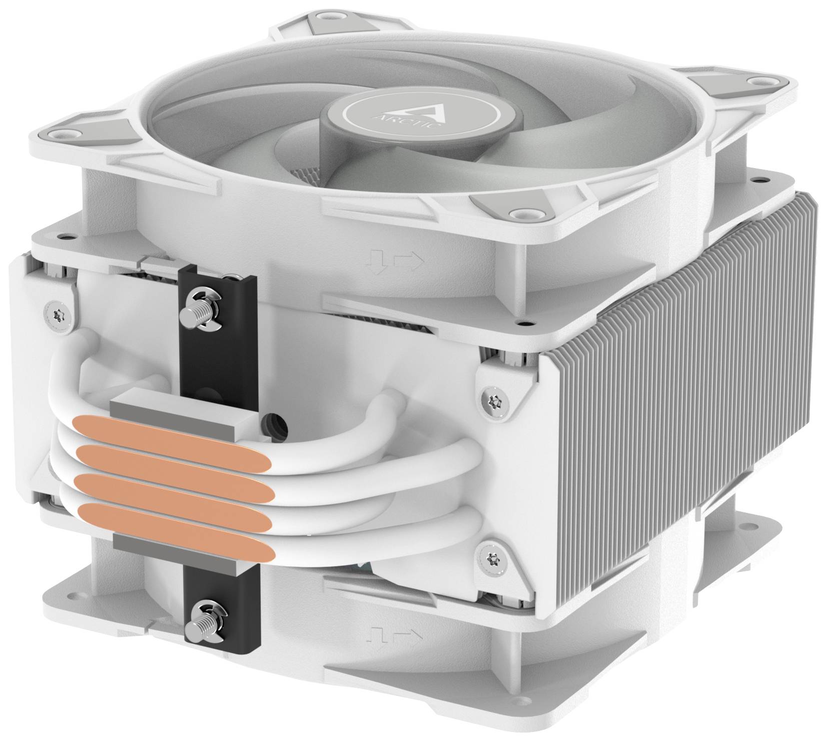 Biały chłodzący radiator procesora z wentylatorem i aluminiowymi żeberkami, z widocznymi miedzianymi rurkam cieplnymi po bokach. Odpowiedni do chłodzenia komputera.