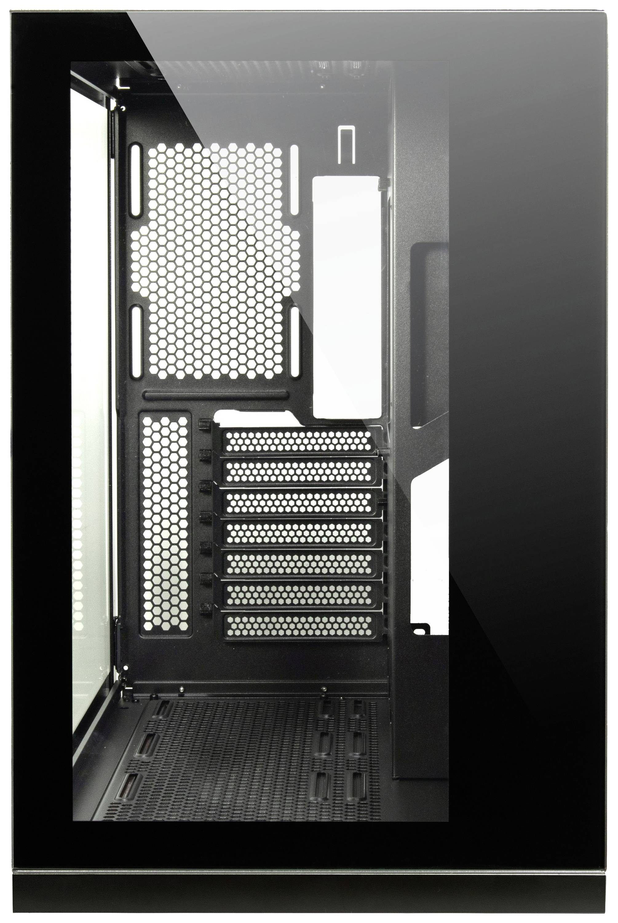 Obudowa komputera w kolorze czarnym, z przezroczystym oknem bocznym. Widok wewnętrzny prezentuje przestrzeń na komponenty sprzętowe oraz wentylowaną ścianę tylną.