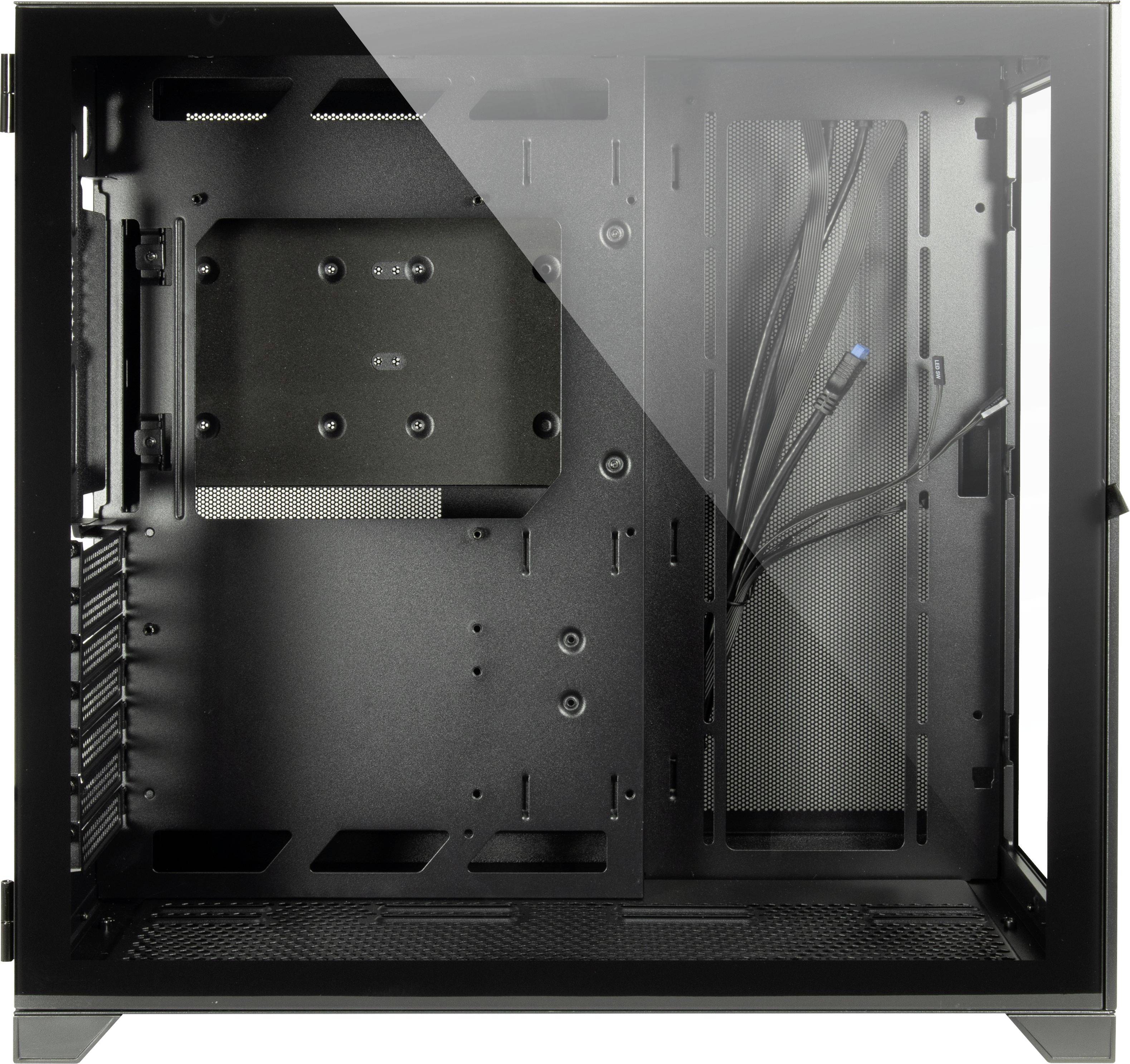 Otwarta obudowa komputera z widocznym wnętrzem, przewody do montażu komponentów komputerowych. Po lewej stronie miejsce na płytę główną, po prawej zarządzanie okablowaniem.