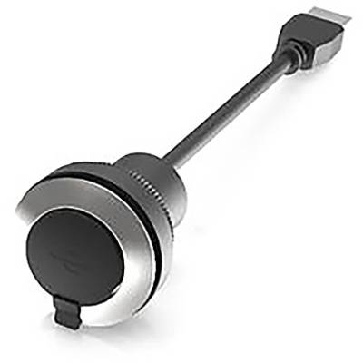 Kabel USB z okrągłą, srebrną końcówką ładującą i czarnym przewodem. Wtyczka posiada nowoczesny design.