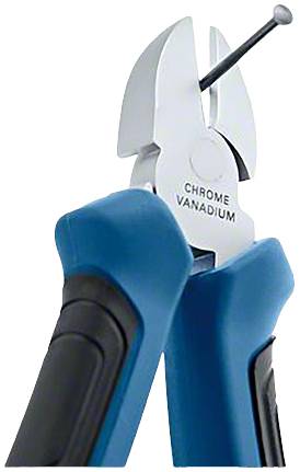 Szczypce z niebieskimi uchwytami odcinają paznokieć. Napis 'Chrome Vanadium' napisany na metalu.