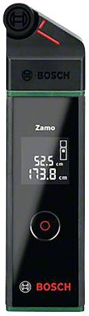 Laserowy miernik odległości firmy Bosch o nazwie Zamo. Wyświetla pomiary 52,5 cm i 173,8 cm na cyfrowym wyświetlaczu.