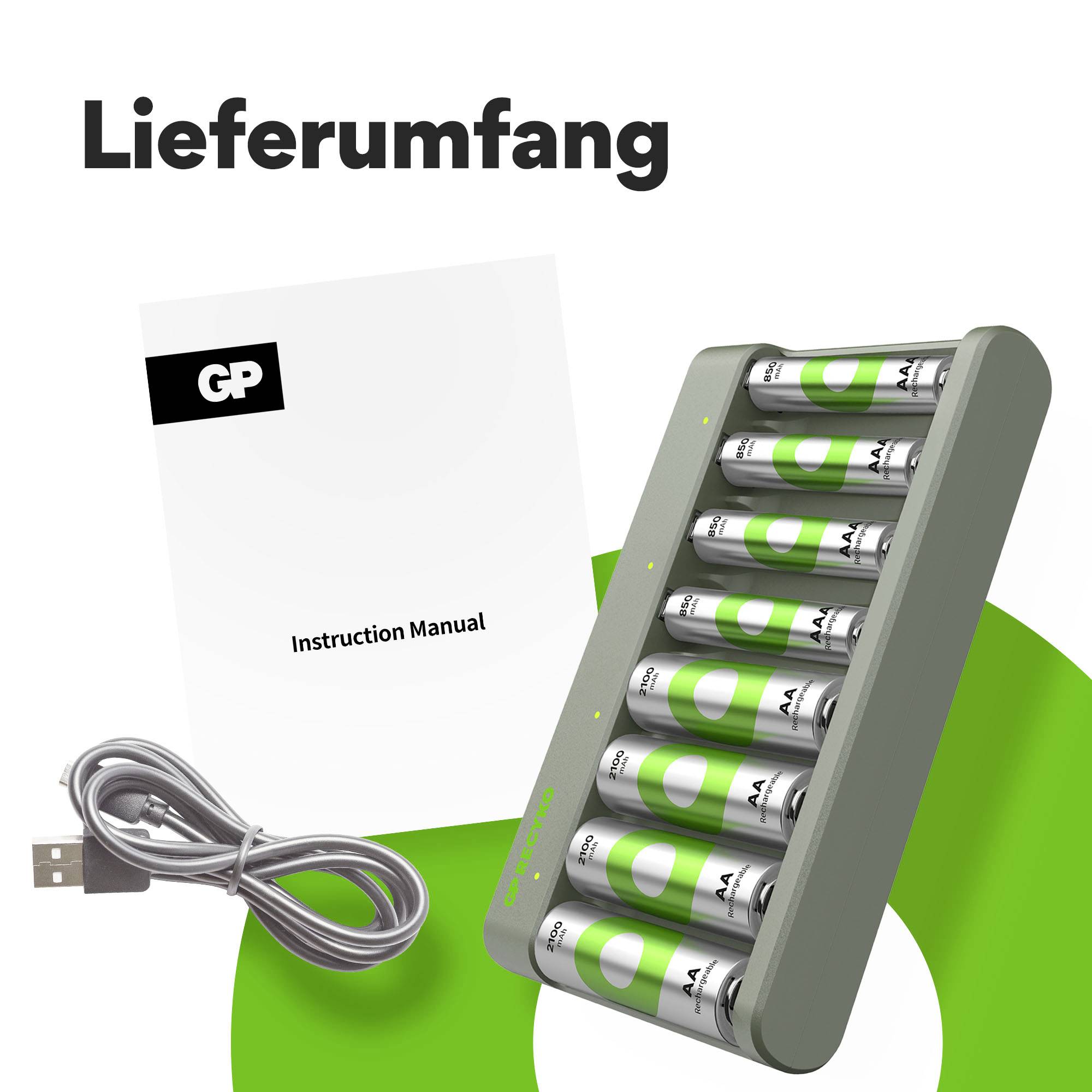 Obraz przedstawia ładowarkę do baterii z ośmioma zielono-srebrnymi bateriami, kablem USB oraz instrukcją obsługi na zielonym tle.
