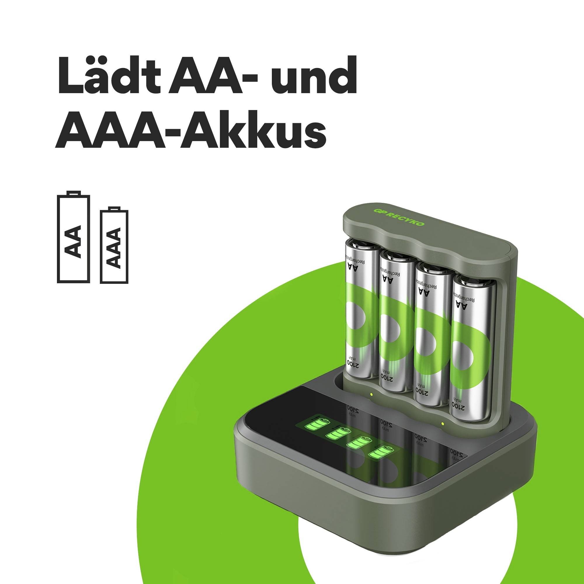 Ładowarka do akumulatorów AA i AAA, wyświetla cztery włożone akumulatory i posiada wyświetlacz LCD. Tekst: 'Ładuje akumulatory AA i AAA'.
