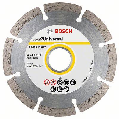 Tarcza diamentowa Bosch eco Universal o średnicy 115 mm, przeznaczona do materiałów kamiennych, z symbolami informacji bezpieczeństwa.