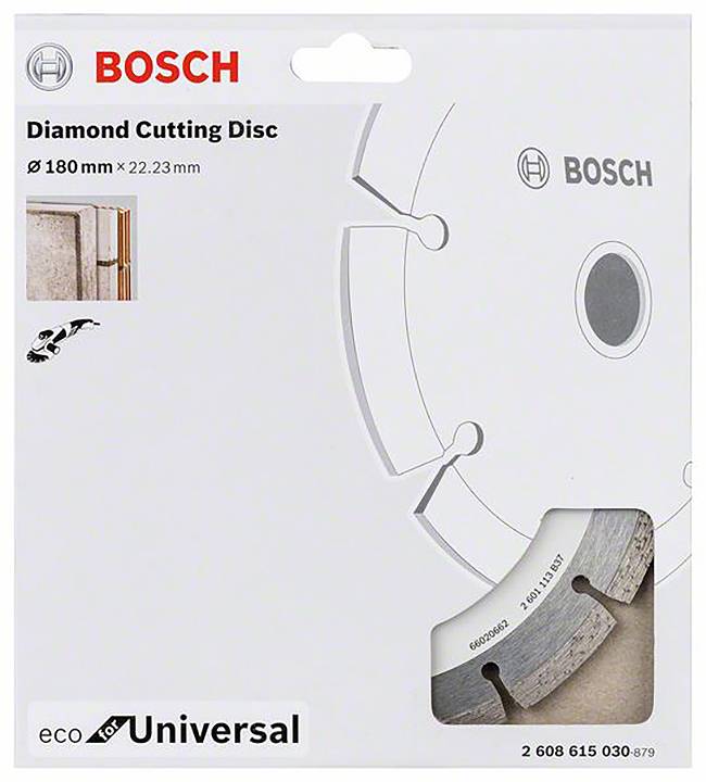 Tarcza diamentowa Bosch do cięcia materiałów takich jak beton. Średnica: 180 mm, otwór: 22,23 mm. Szczegóły opakowania przedstawione.