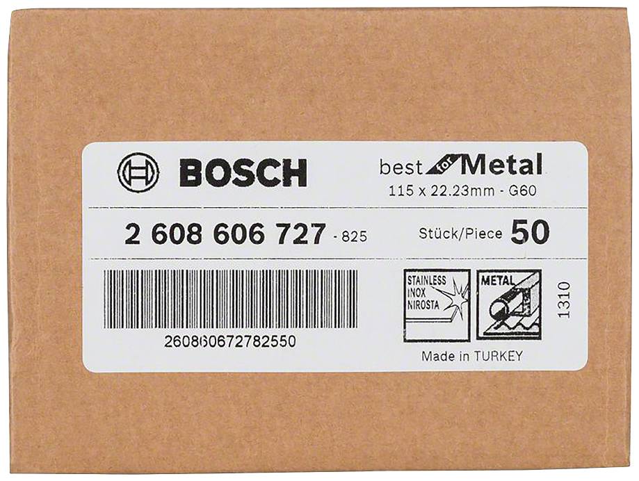 Brązowe pudełko z logo Boscha. Etykieta wskazuje numer produktu '2 608 606 727', 'Wyprodukowano w Turcji'. Zawiera 50 szt. tarcz szlifierskich.