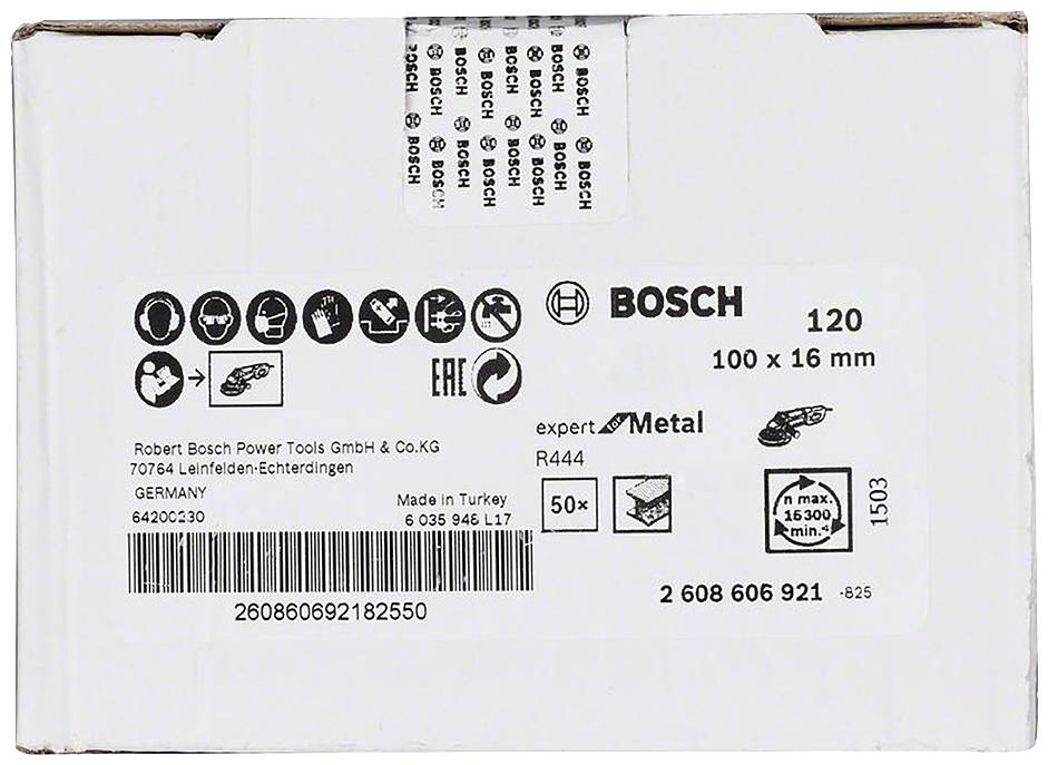 Biała opakowanie z logo BOSCH, szczegółami produktu takimi jak „100 x 16 mm", „Made in Turkey", symbolami noża metalowego i kodem kreskowym.