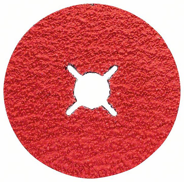 Czerwona tarcza szlifierska z okrągłym otworem pośrodku, używana do szlifowania różnych materiałów.