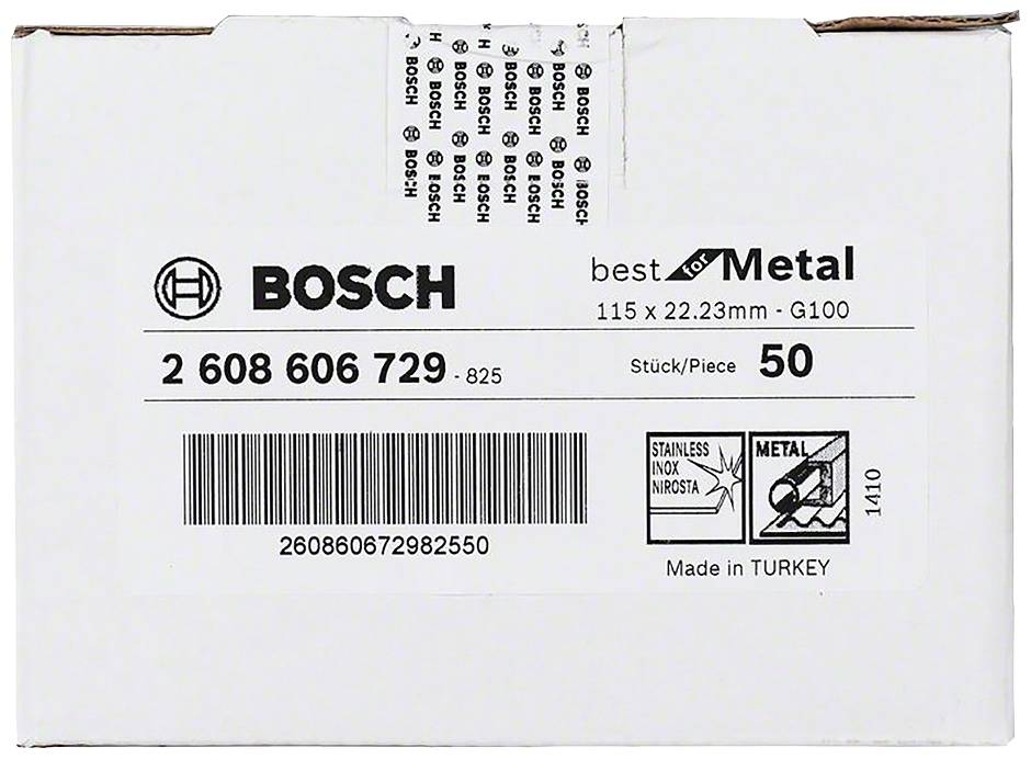 Opakowanie piły metalowej Bosch, 50 sztuk, 115 x 22,23 mm, Wyprodukowane w Turcji, z logo i informacją o stali nierdzewnej.