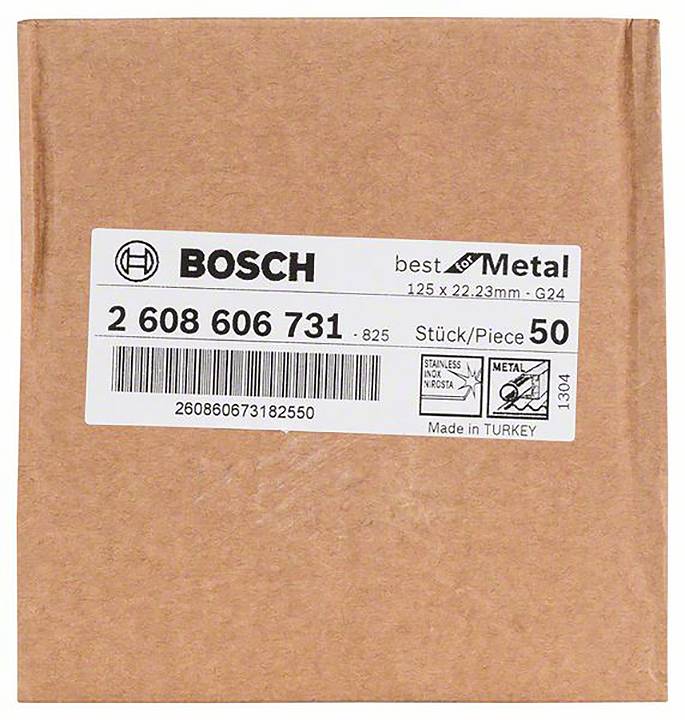 'Opakowanie tarcz szlifierskich Bosch, 125 x 22,23 mm, typ G24, 50 sztuk, do obróbki metalu, wyprodukowane w Turcji.'