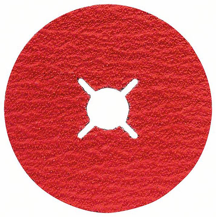 Czerwony papier ścierny w kształcie koła z otworem krzyżowym pośrodku, odpowiedni do użycia w szlifierkach.