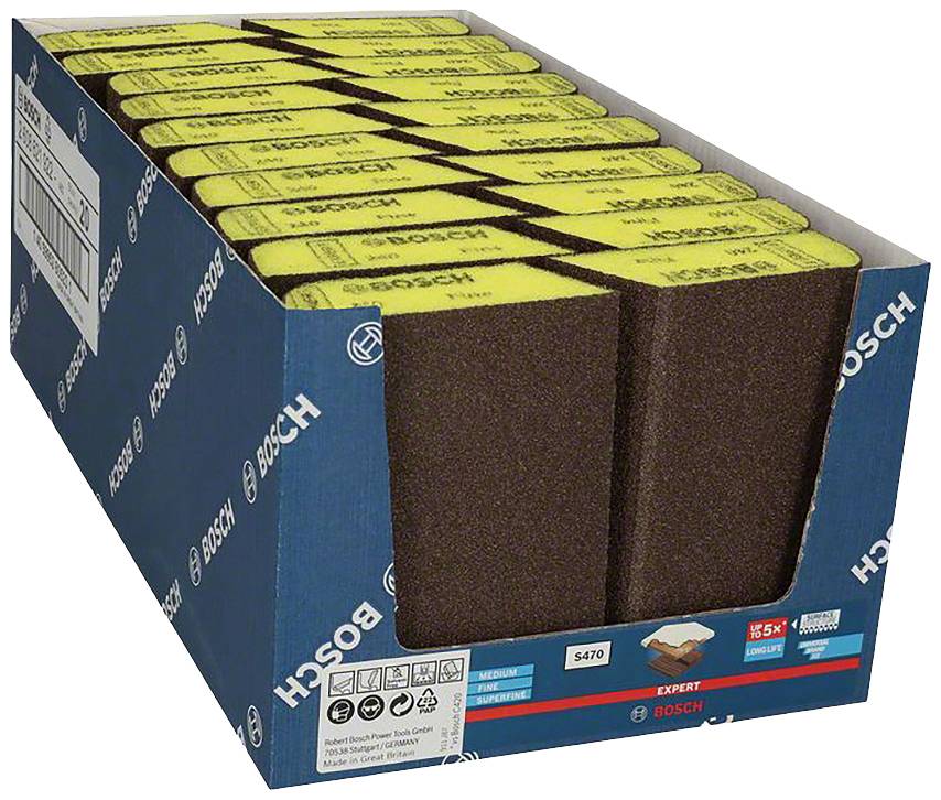 Pudełko żółtych gąbek ściernych marki Bosch.