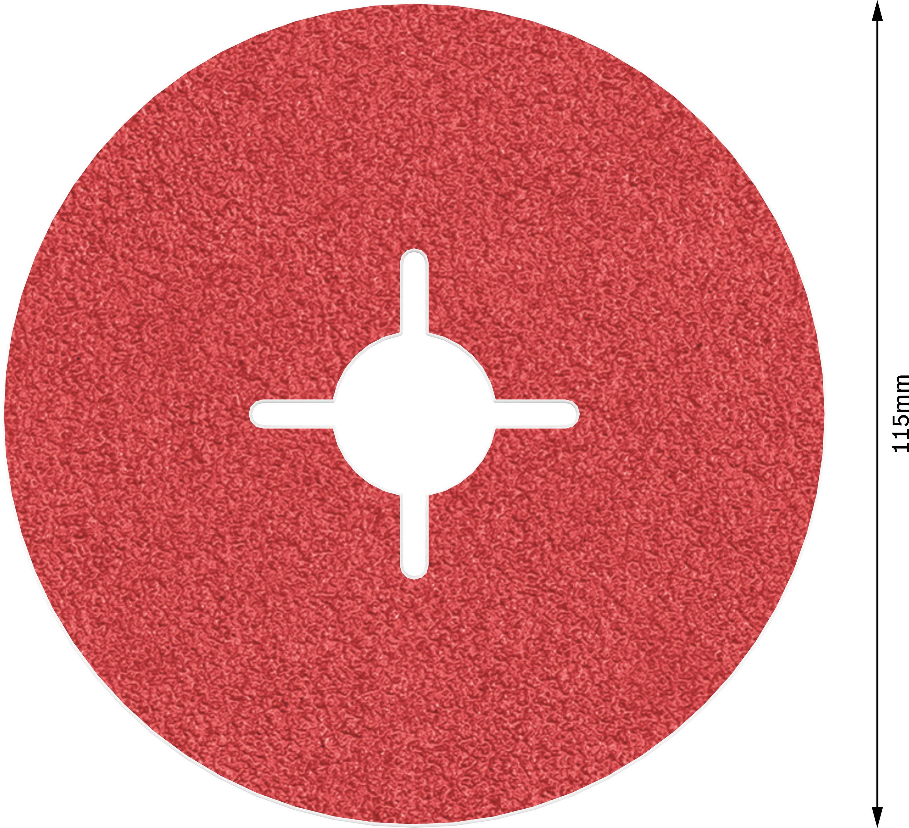 Czerwony papier ścierny w kształcie tarczy, okrągły, o średnicy 115 mm, ma w środku cztery symetryczne szczeliny.