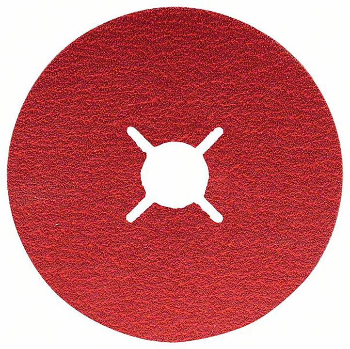 Okrągły, czerwony papier ścierny z centralnym otworem i promieniście rozmieszczonymi nacięciami, przeznaczony do użycia w szlifierkach.