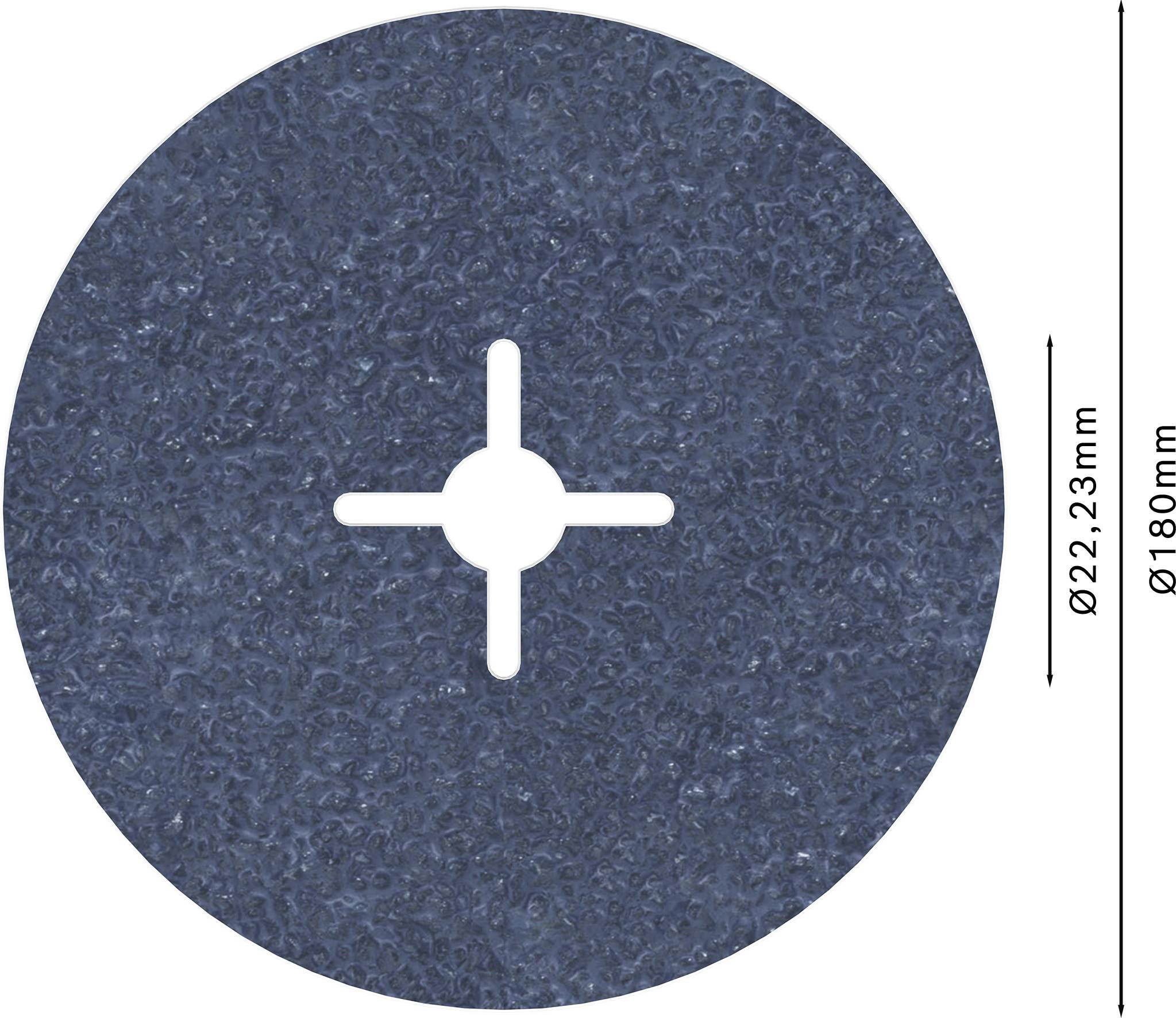 Przedstawienie tarczy szlifierskiej z środkiem krzyżowym. Średnica 180 mm, otwór mocujący 22,23 mm.