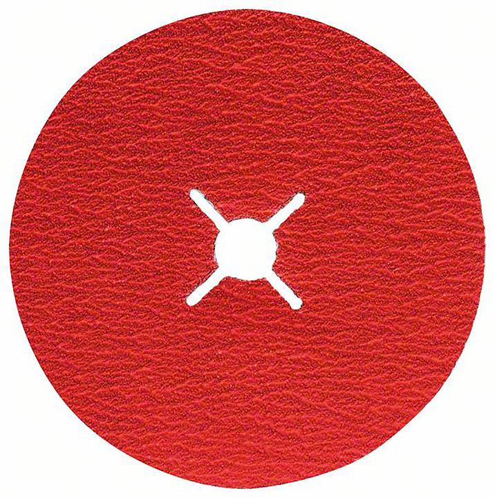 Czerwona tarcza ścierna z nacięciem krzyżowym pośrodku, przeznaczona do obróbki powierzchni metalowych.