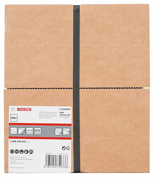 Karton z logo Bosch zawierający 200 brzeszczotów. Model S1122VFR o wymiarach 225 mm x 19 mm, przeznaczony do cięcia drewna.