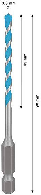 Wiertło o długości 90 mm i średnicy 3,5 mm, składające się ze spiralnego, niebiesko-srebrnego trzpienia.