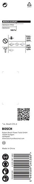 Etykieta z logo Bosch, kodem QR i kodem kreskowym. Zawiera symbole recyklingu i ostrzeżeń bezpieczeństwa. Produkt firmy Bosch Power Tools.