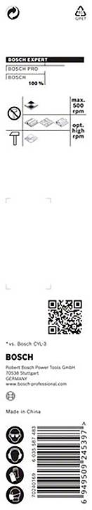 Etykieta tarczy tnącej firmy Bosch. Symbole kompatybilności materiałowej, średnica 100 x 1 x 15 mm. Kod QR i dane producenta u dołu.