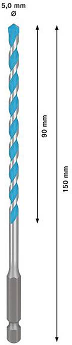 'Wiertło z niebieskim wzorem spiralnym, średnica 5,0 mm, długość całkowita 150 mm, długość użytkowa 90 mm. Odpowiednie do precyzyjnego wiercenia.'