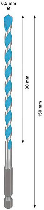 Wiertło o średnicy 6,5 mm, długości całkowitej 150 mm. Powierzchnia wiercenia 90 mm długa. Odpowiednie do prac precyzyjnych.