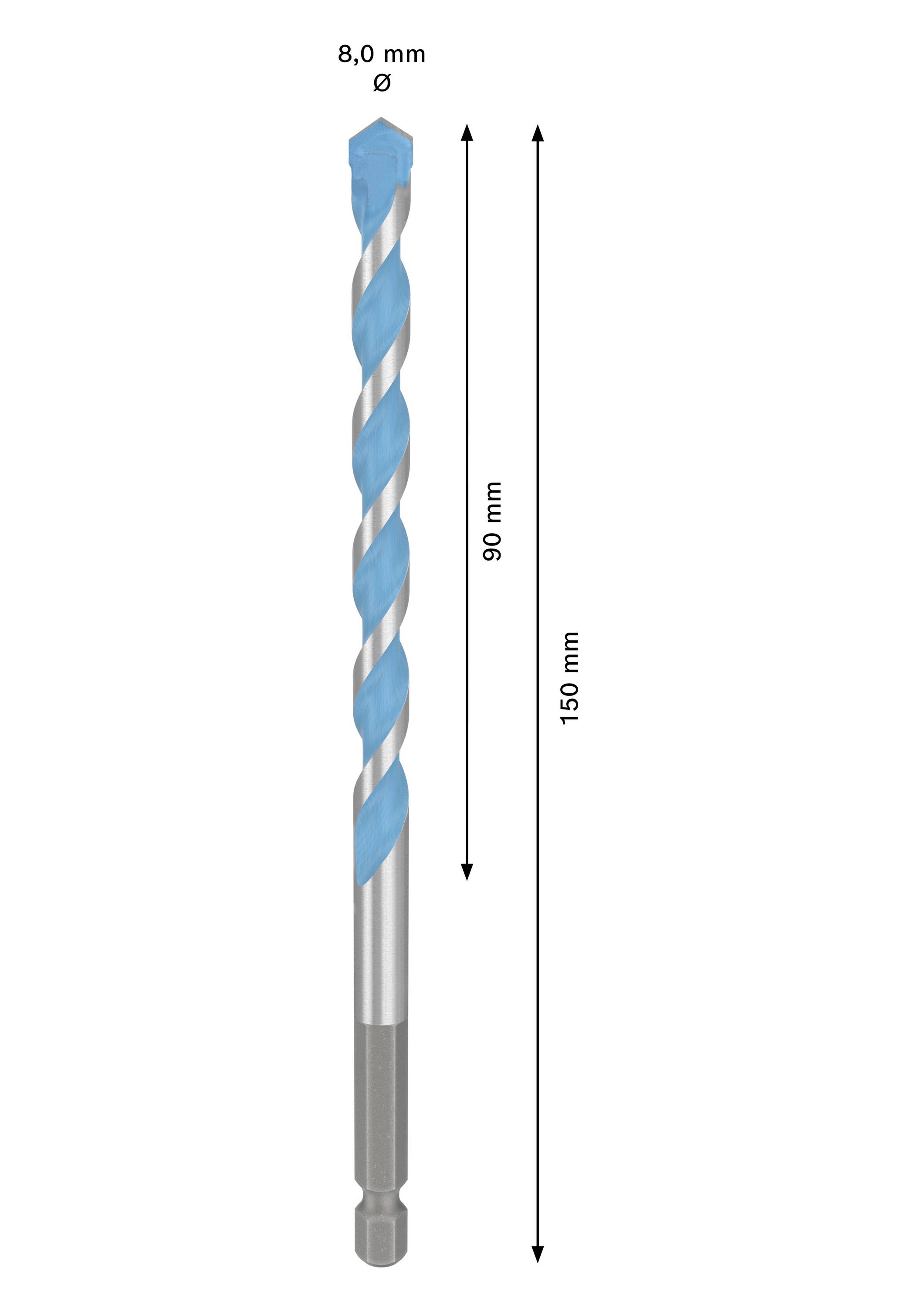 Wiertło o spiralnym, niebieskim i srebrnym wzorze, o średnicy 8 mm, długości 150 mm. Po lewej stronie napis '8,0 mm Ø', obok strzałki z oznaczeniami długości: 90 mm (niebieskie) i 150 mm (całkowita długość).