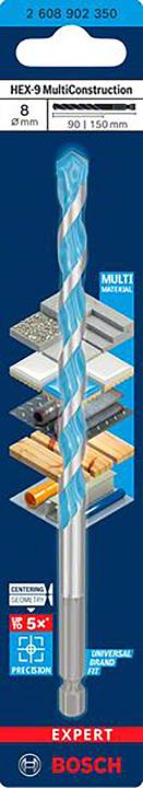 Wiertło Bosch Expert MultiConstruction HEX-9, 8mm, odpowiednie do drewna, betonu, metalu, plastiku, cegły, płytek; długość: 90/150mm.