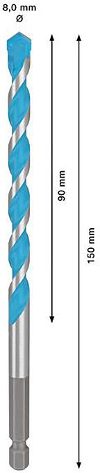 Wiertło z niebieskim wzorem spiralnym, średnica 8,0 mm, długość całkowita 150 mm, długość robocza 90 mm, odpowiednie do różnych materiałów.