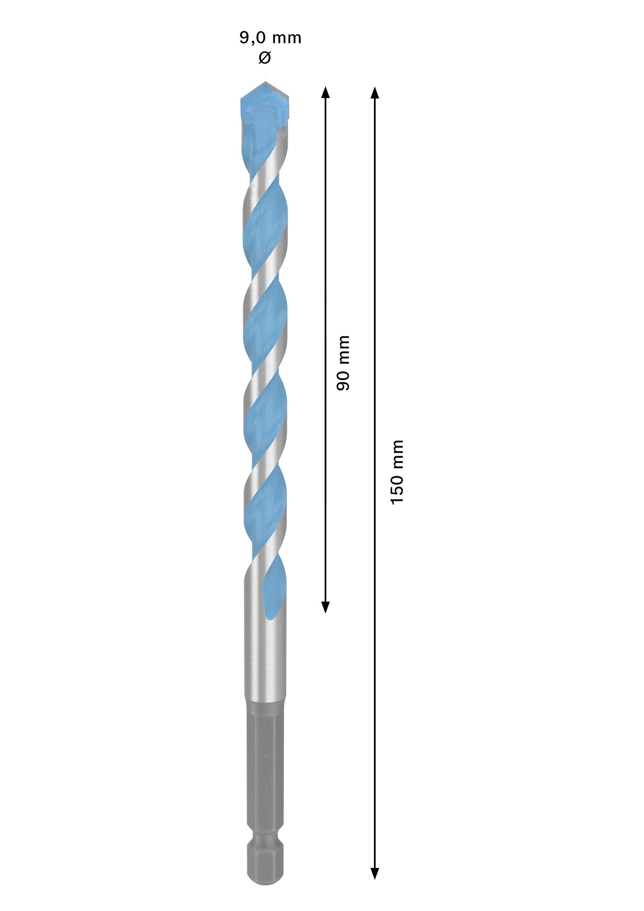 Wiertło o średnicy 9 mm i długości użytkowej 90 mm. Całkowita długość wynosi 150 mm. Odpowiednie do precyzyjnego wiercenia w różnych materiałach.