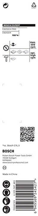 Etykieta opakowania Bosch z kodem kreskowym, kodem QR i symbolami recyklingu. Tekst: 'Bosch CYL-9', 'Wyprodukowano w Chinach', strona internetowa.