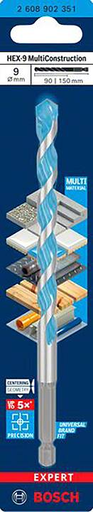 'Wiertło Bosch Expert HEX-9 MultiConstruction, 9x90/150 mm, do betonu, muru, drewna, tworzyw sztucznych i płytek, z chwytem sześciokątnym.'
