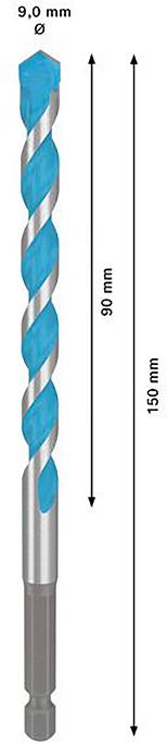Wiertło ze spiralą w kolorze niebieskim, średnica 9,0 mm, długość całkowita 150 mm, część robocza 90 mm.